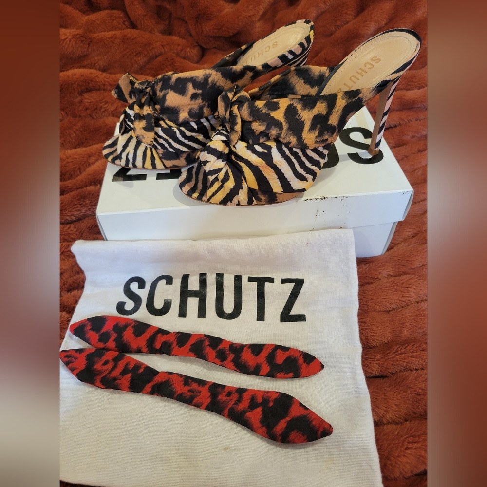 SCHUTZ Multicolor Animal Print Knot Mules with Red Accent - Picture 9 of 10